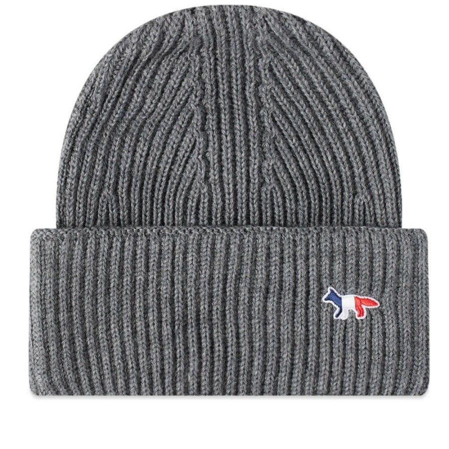 Beanies * | Maison Kitsune Maison Kitsune Ribbed Hat Tricolor Fox Patch