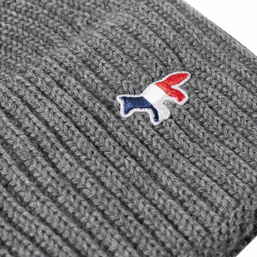 Beanies * | Maison Kitsune Maison Kitsune Ribbed Hat Tricolor Fox Patch